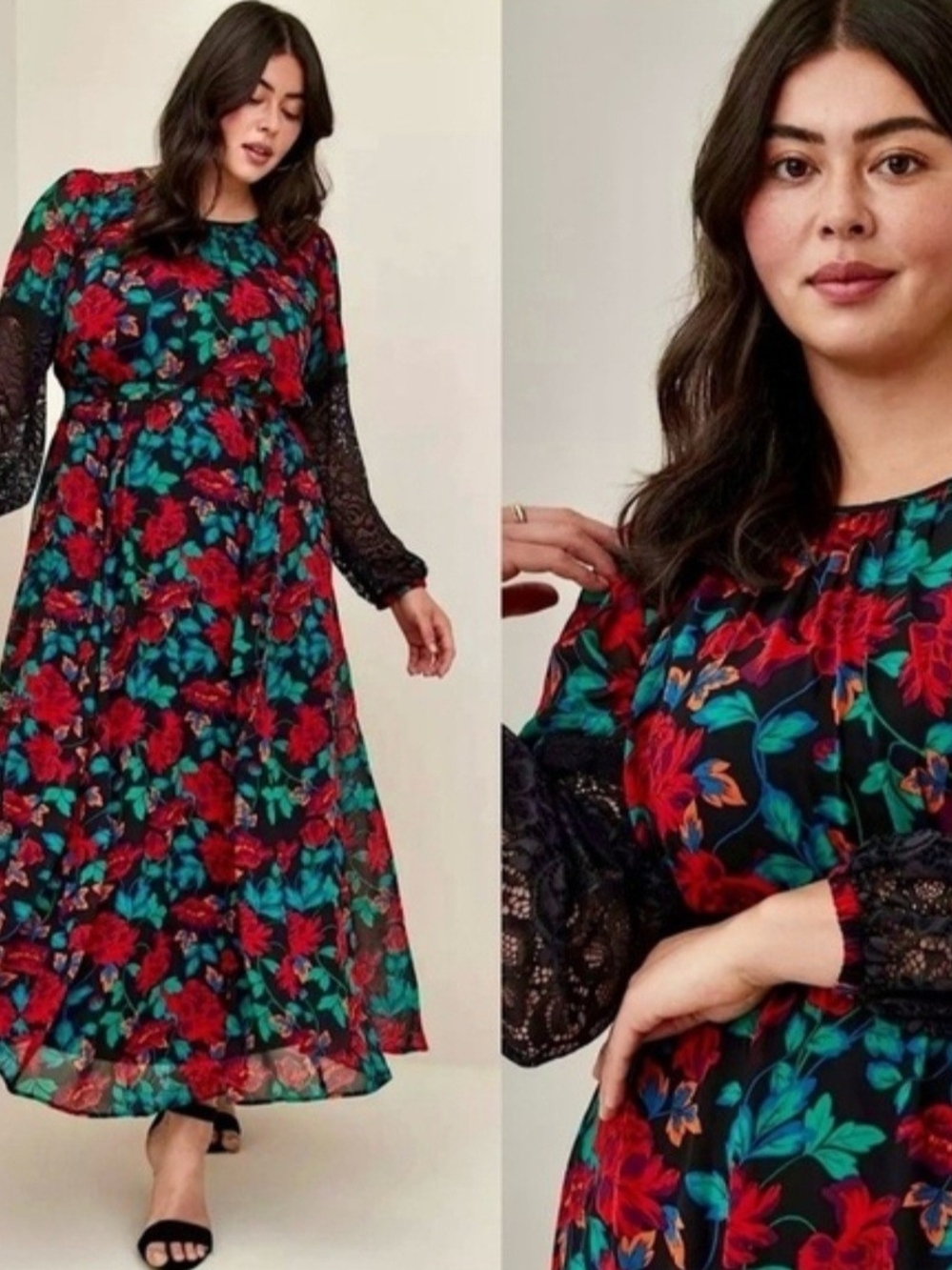Torrid Black Chiffon Maxi Peasant Dress with Red & Green Floral Print